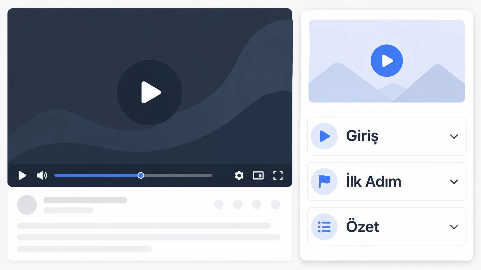 Video açıklaması altına eklenen zaman damgalarını gösteren stilize arayüz mock'u